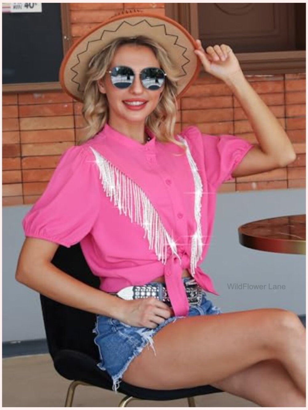 Puff Sleeve Fringe Cowgirl Button Down Shirt - Picture 4 of 6